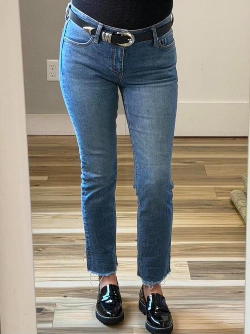 Pilcro Light Blue Slim Straight Jeans with Raw Hem